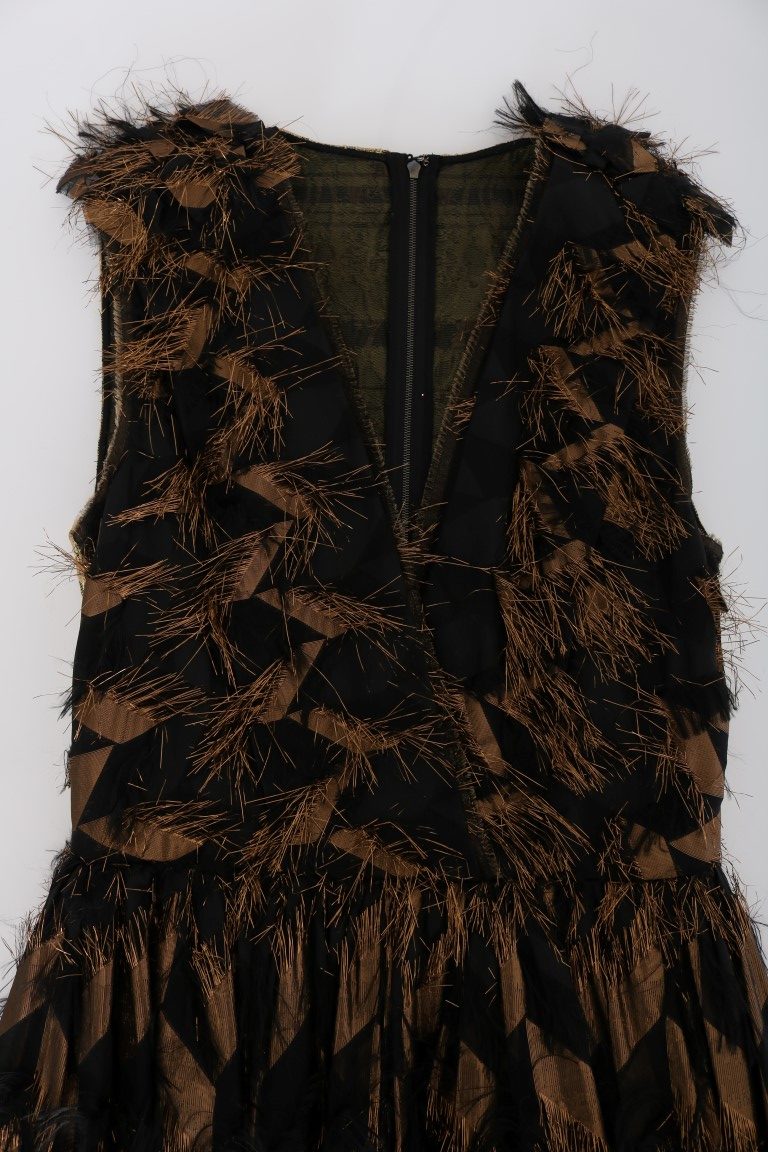 Dolce & Gabbana Black silk dress with brown fringes in A-line